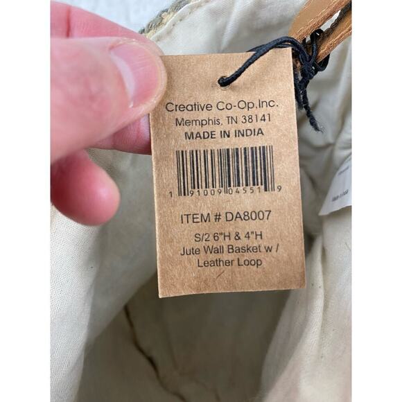 NWT Creative Co-op Set of 2 Jute Woll Basket with Leather Loop 6" and 4" - Picture 7 of 8